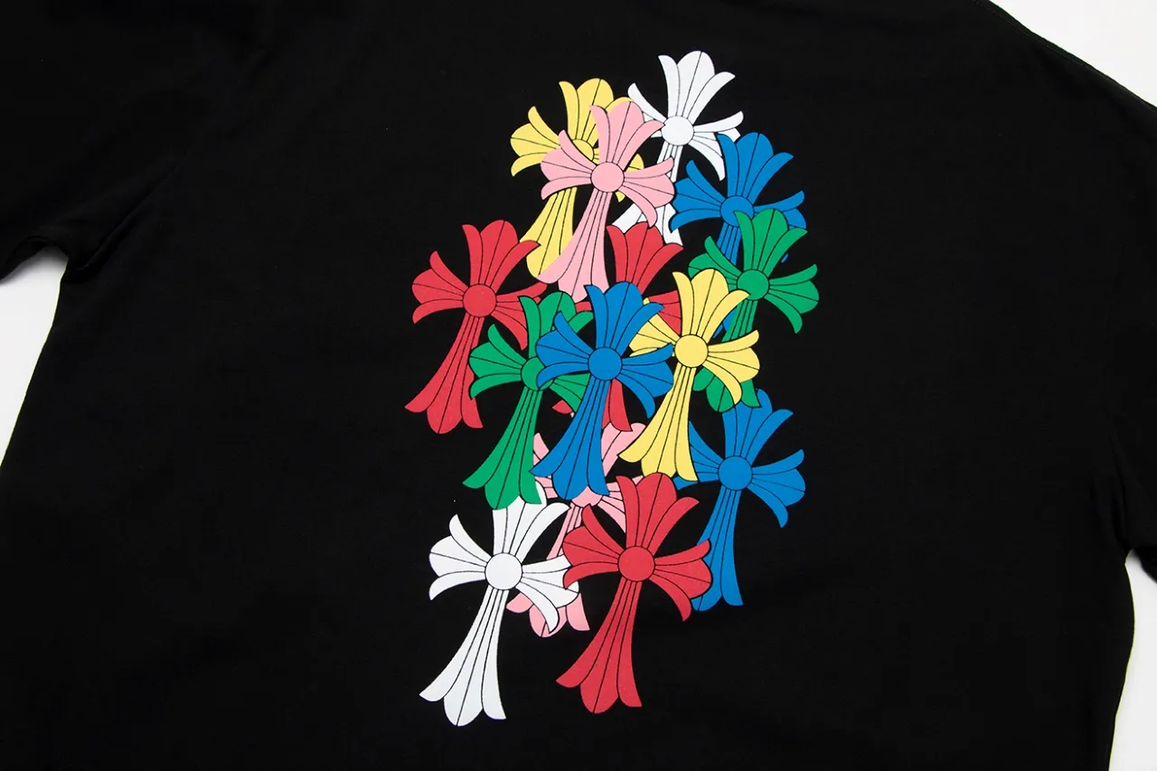 P150 Chrome Hearts Chrome Hearts Sanskrit Rainbow Print Cross Short Sleeve Size: SMLXL Color: Black